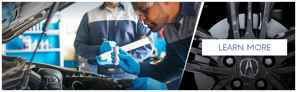 two acua mechanics inspecting the engine of an Acura vehicle for sale in Montreal